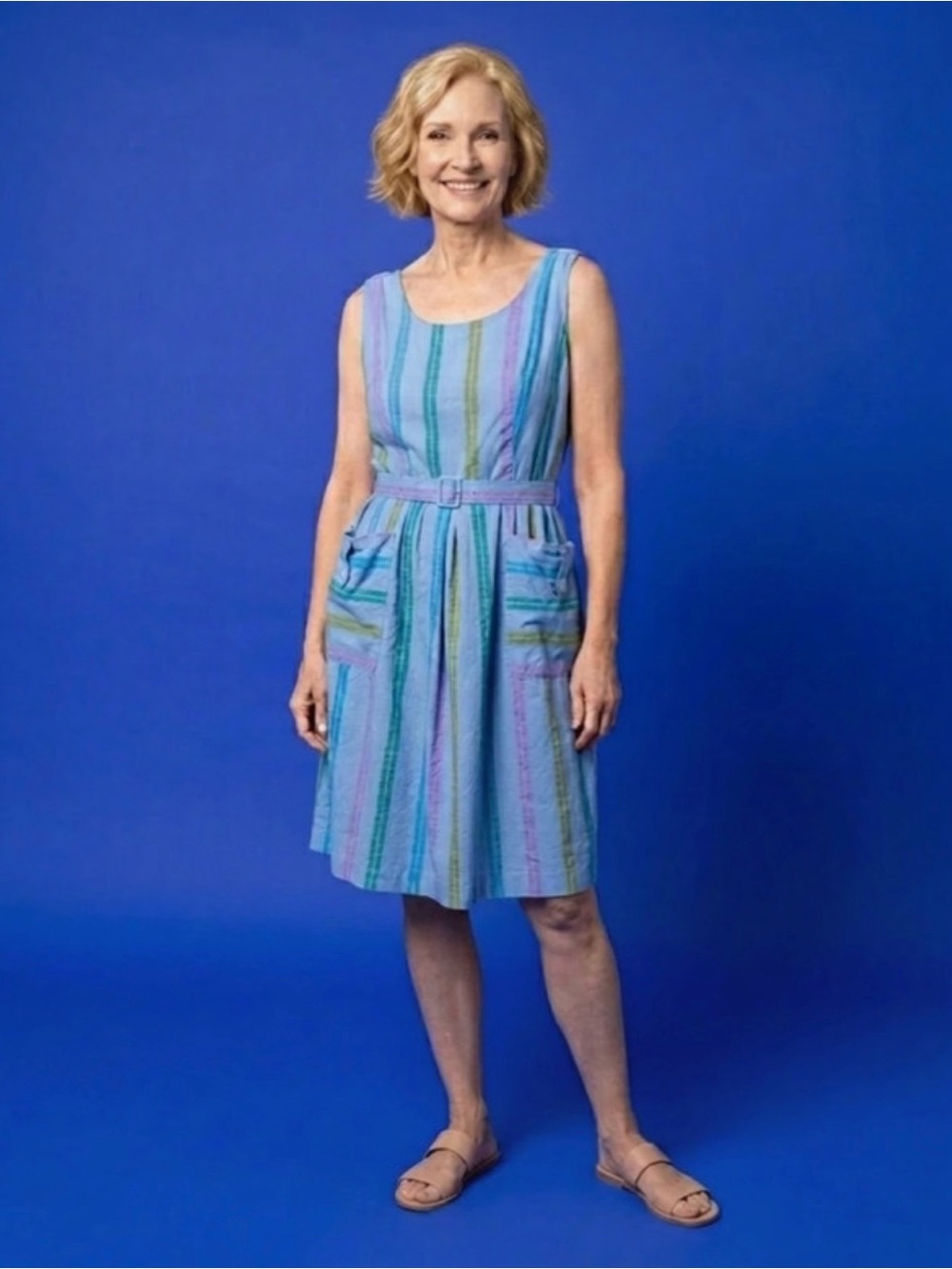 Vintage Striped Midi Dress in Blue with Green and Purple Details